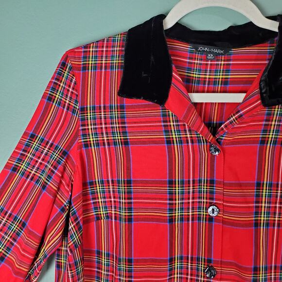 John Mark Womens Red Plaid Button Up Velour Tunic Top Size XS - Picture 4 of 8